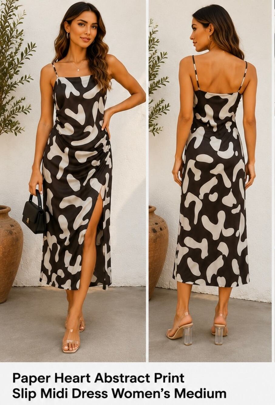 Paper Heart Brown & Ivory Abstract Satin Slip Midi Dress Women's Medium Ruched